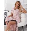 Women's Elastic Drawstring Slim Figure Round Neck Short-sleeved Love Big Size Nightgown Open Fork In The Middle of The Long Dresses