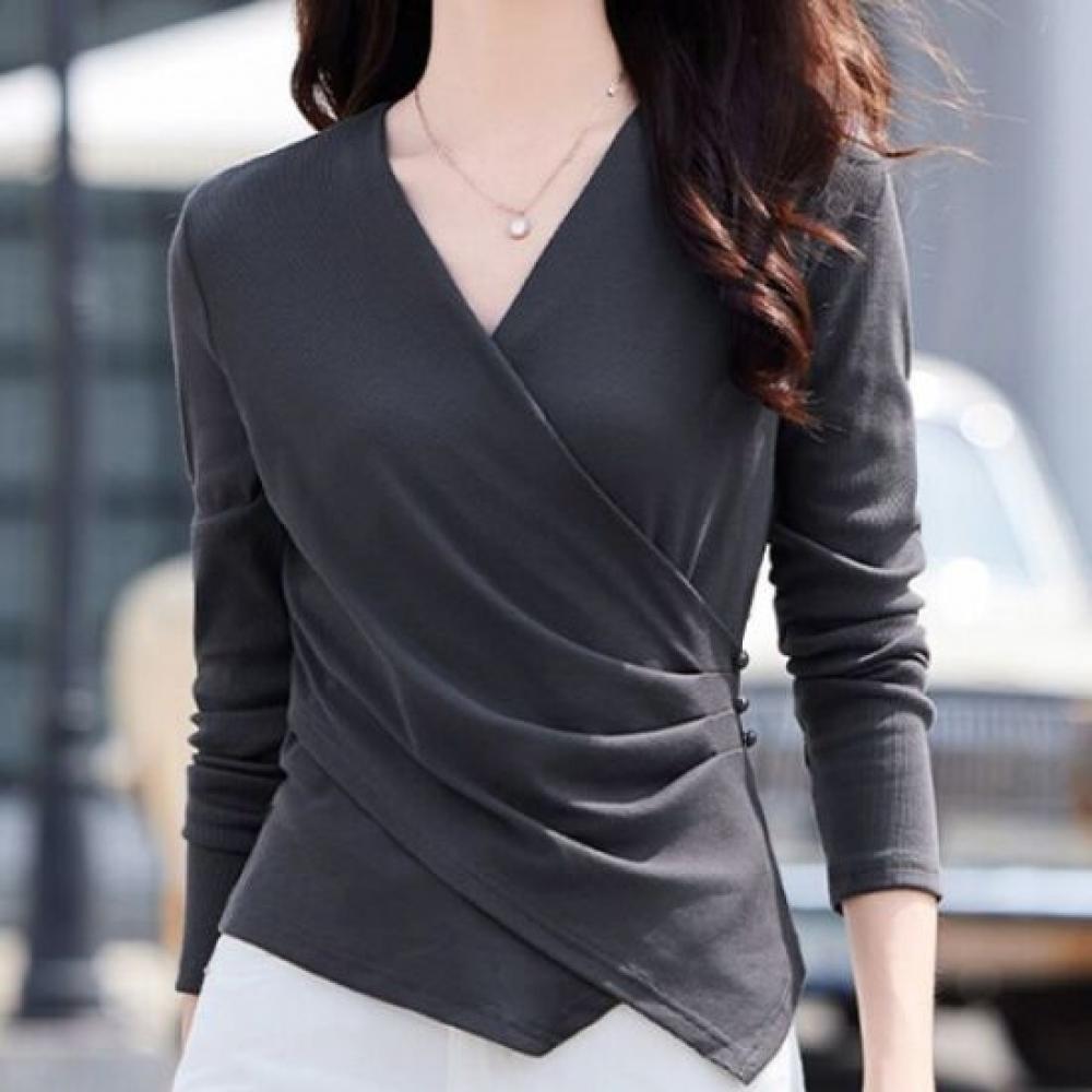 NaVaVa Women Cross BuTTon V Neck Long sleeVe T shirT nT3246