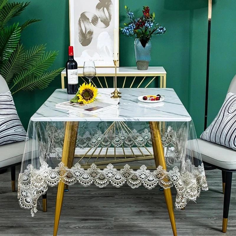 Lace Embroidered Pvc Tablecloth Waterproof Oil-Proof Rectangle Table Cloth Clear Transparent Dining Tables Cover Party Decor New