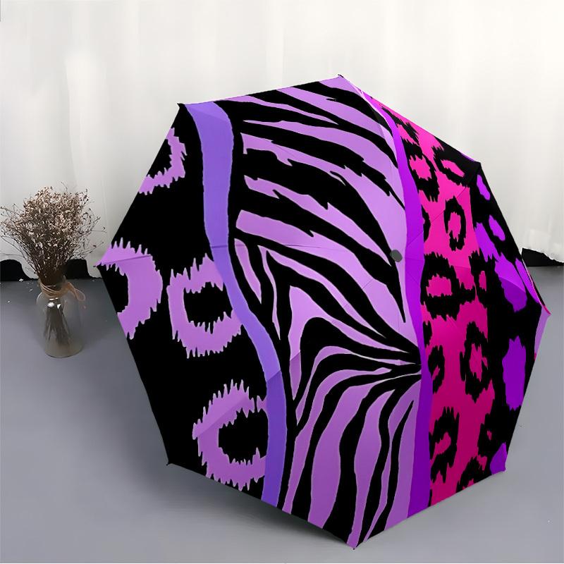1pc Animal Prints Zebra and Leopard Patterns Automatic Folding Umbrella - Compact 8-Rib Design, Durable Plastic & Iron, Lightweight Daily Use094