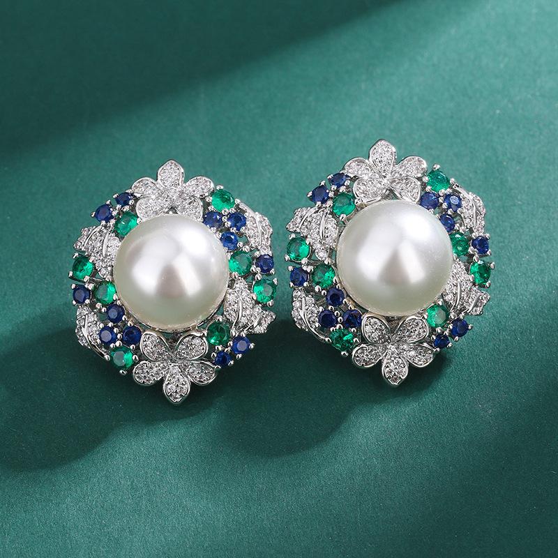 Emerald Sunflower Pearl Ring Earrings Inlaid with Premium Beads 14mm Pearl Necklace Stud Earrings Jewelry Set