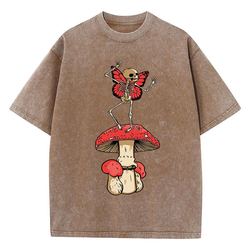 Dancing Mushroom Skeleton Fairy Print Washed T-Shirt Women Summer Casual T Shirts Cotton Streetwear Loose Clothes