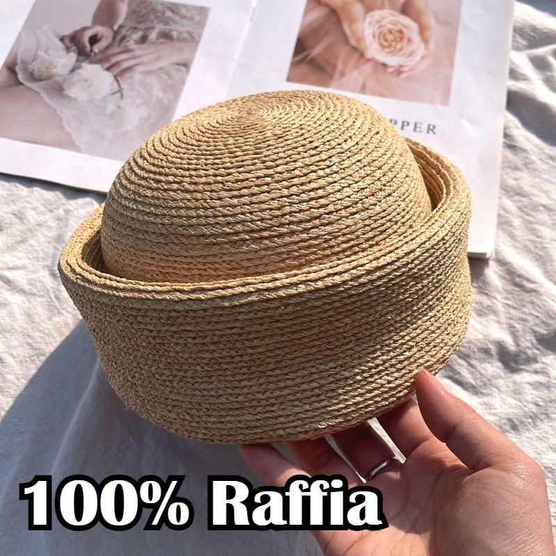 Garden Supplies My Women's 2026 New 100% Natural Raffia Fedoras Berets Hat Summer French Retro Dome Top Pillbox Hat S Vacation Beach Straw Hat 55-58Cm