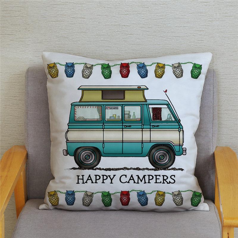 Throw Pillow Case Sofa Home Decor Owl Pillowcase Happy Campers Car Soft Short Plush Cushion Cover Print Pillow Covers 45*45cm