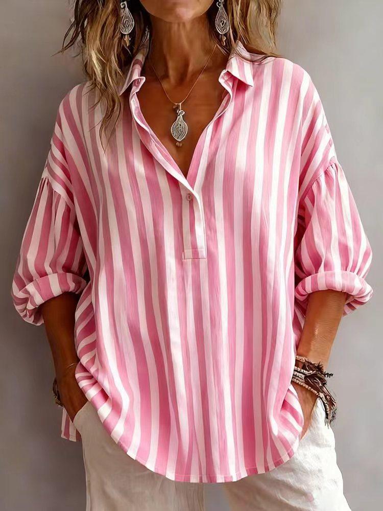 Women's Oversized V Neck 3/4 Sleeve Striped Shirt In 4 Colors
