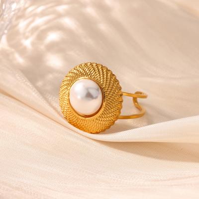 Elegant Pearl Rings For Women Men Gold Color Stainless Steel Round Ring Wedding Jewelry Christmas Party Jewelry Gift Fem