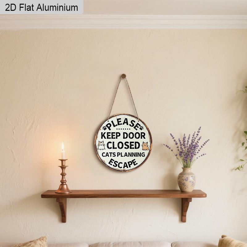 2D Flat Aluminum Cat Sign for Front Door, Keep Door Closed Sign for Home Front Door Wall Hanging Decor, Cat Warning Sign Decoration, Beware of Cat