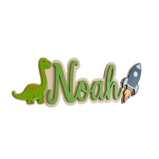 Cartello Personalizzato con Nome per Bambini Dinosauro Razzo Cartello in Legno per Porta per Ragazzi Nome Personalizzato Decorazione da Appendere per Cameretta Asilo Nido Camera da Letto Asilo Nido Sala Giochi