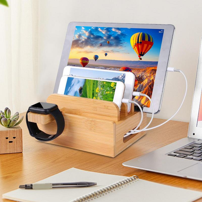 Bamboo Charging Station Organizer for Multiple Devices & Wood Desktop Docking Charging Stand Such As Cell Phone Tablets