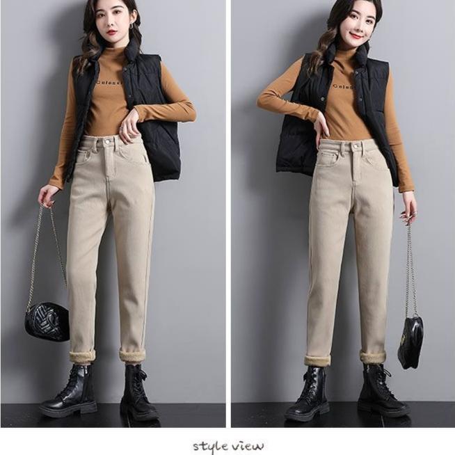 Women's Fleece-Lined Jeans High-Waist Slim Plus Velvet Harem Jeans Autumn and Winter Stretch Skinny Jeans
