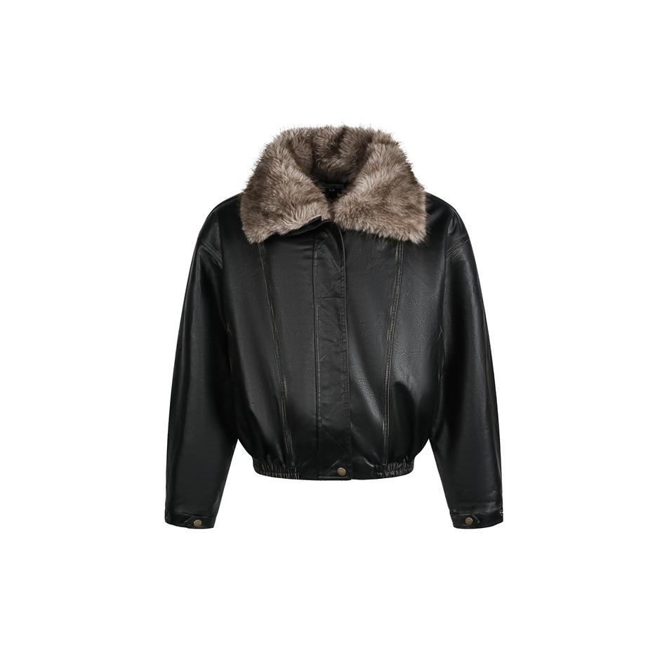 

YUU Winter High-End PU Leather Jacket with Fur Collar for Men and Women, Trendy Thick Cotton Coat W358. L чорний