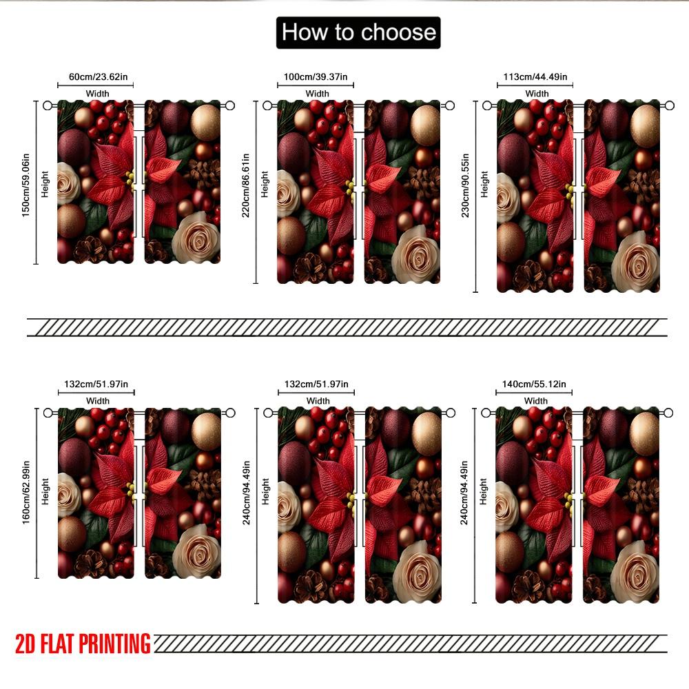 Set Of 2 Flat Printing Merry Christmas Curtains Poinsettia Berries Ornaments Digital Printed Polyester Drapes Spring Curtain Made
