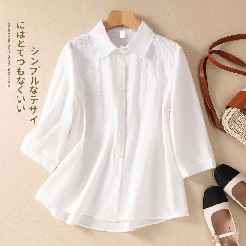 

Женская свободная повседневная рубашка с длинным рукавом из хлопка и льна с вышитыми лацканами, топ-кардиган S белый