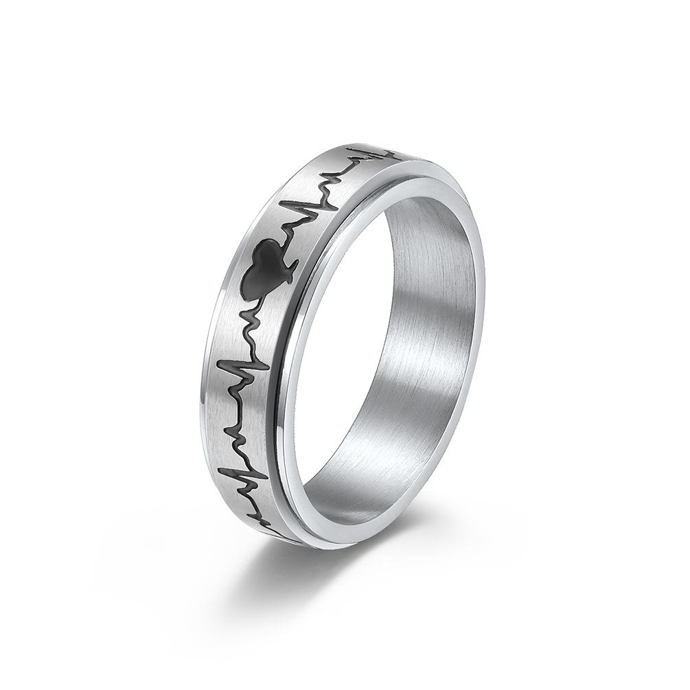 Titanium Steel Rotating Electrocardiogram Couple Ring, Heartbeat, Decompression, Stainless Steel Matching Ring, Hand Jewelry