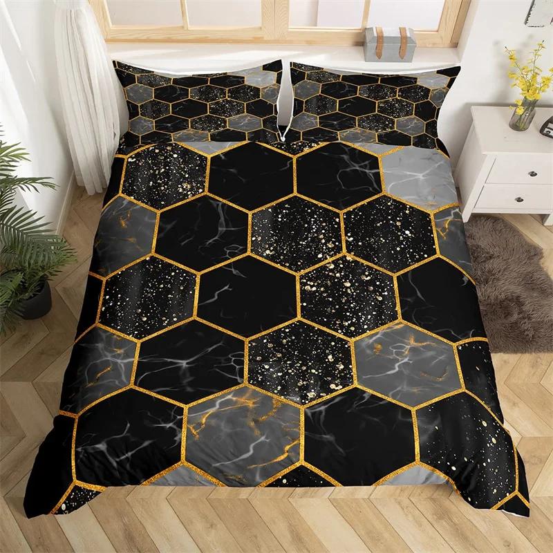 Marble Duvet Cover Set Microfiber Geometric Hexagone Quilt Cover Honeycomb Bedding Set Single King Queen For Kids Teens Adults