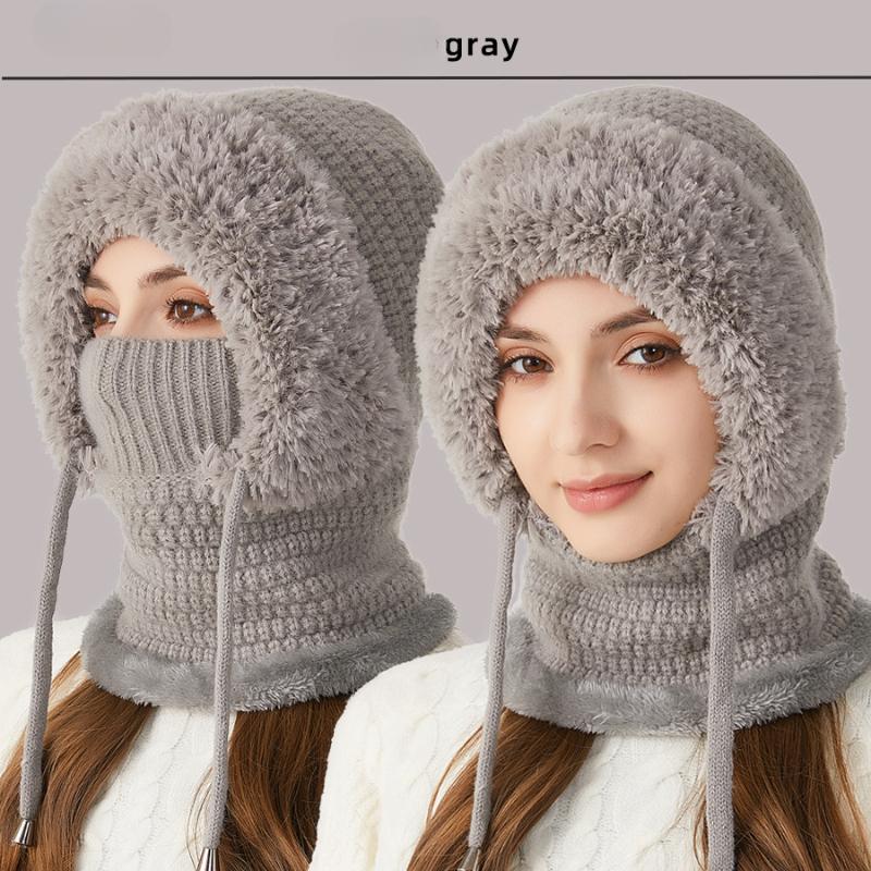 One-piece hat plus velvet thickened face-covering knitted hat, bib, mask, warmth kit