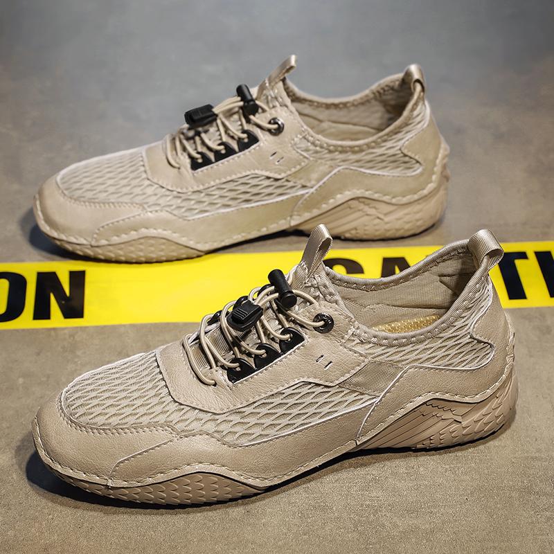 Herren Echtleder Schuhe Sommer Atmungsaktiv Tennis Herren Löcher Hohl Sandalen Für Outdoor Mesh Strand Grau Sneaker Sportlich Lässig