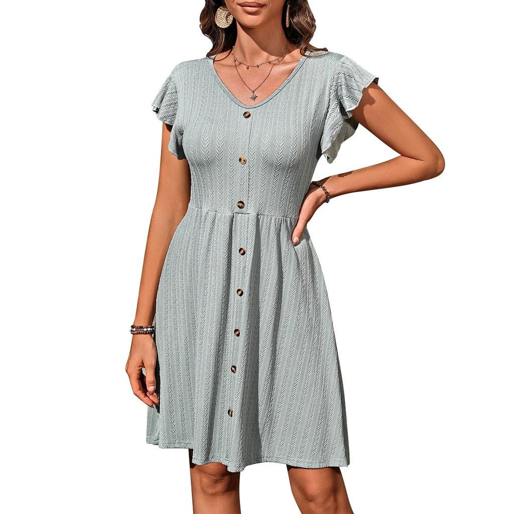 Summer V-Neck Buttoned Waist Cinched Elastic Short Sleeve Dress for Women, European American Style Crossborder Women's Dress
