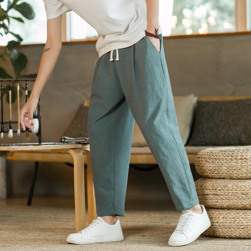 

Men Teal Linen Drawstring Waist Tapered Casual Pants M зелёный