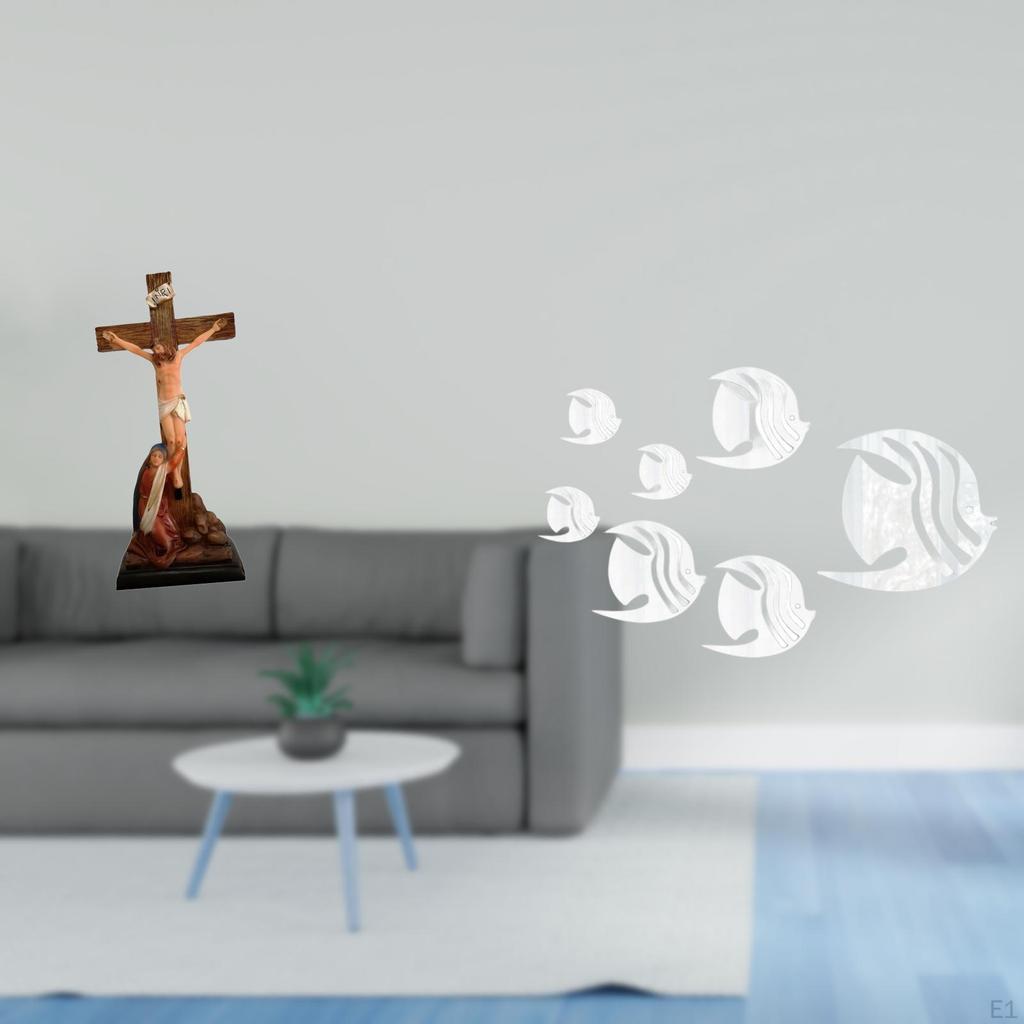 Reflection Mother Mary Statue Religious Catholic Ornament with Acrylic Mirror Fish Wall Decals