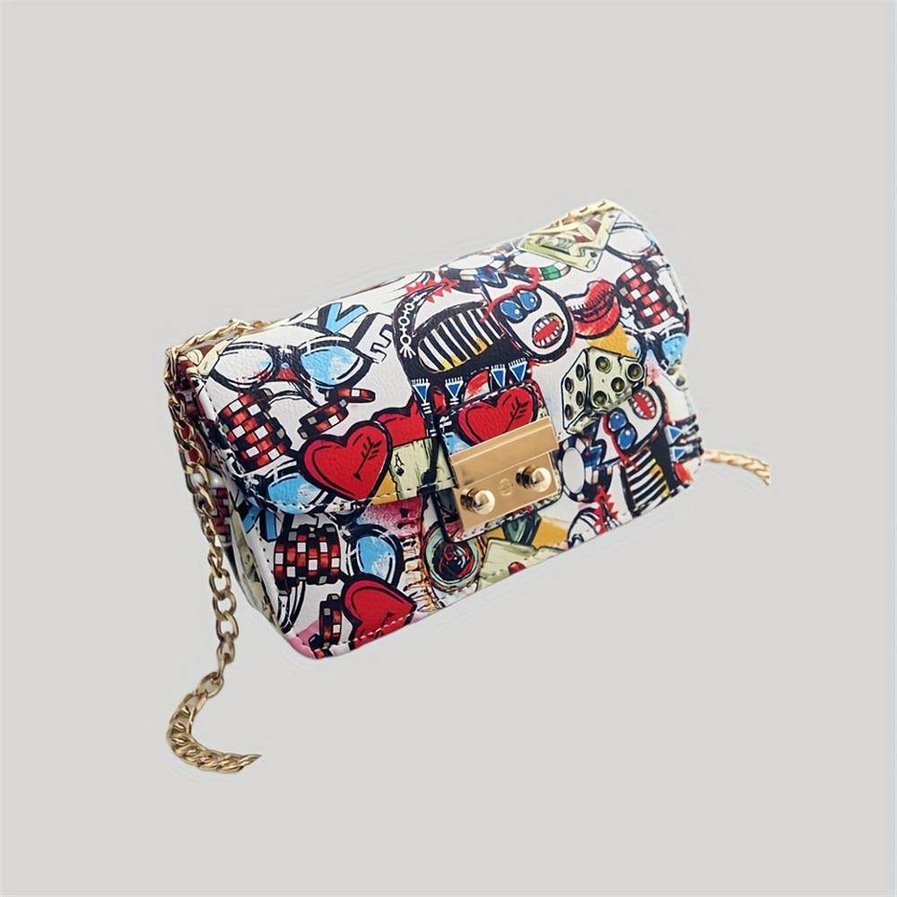[Geometric Crossbody Bag] Vibrant Red/Black Women's Crossbody Bag - Geometric Pattern with LOVE Design, Chain Strap, Flap Closure, Crossbody Purse