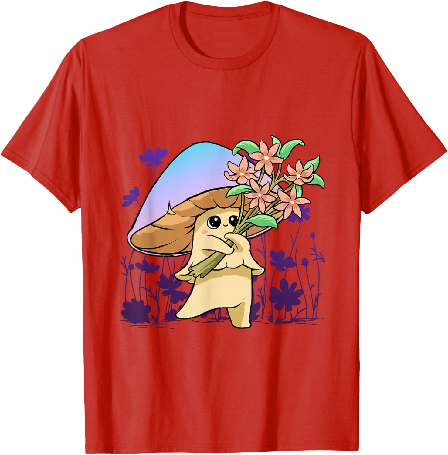 Милая грибочек, держащий цветы, графическая футболка, эстетика гоблинкора, футболка в стиле коттеджкор S