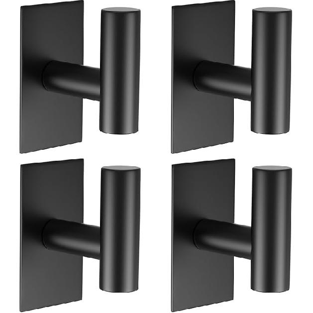 VAEHOLD Wall Towel Hooks, Heavy Duty Sticky Holder Waterproof Towel Hooks for Hanging Coat, Clothes, Closet Hook Wall Mount for Kitchen (Black, 2 2 Pack