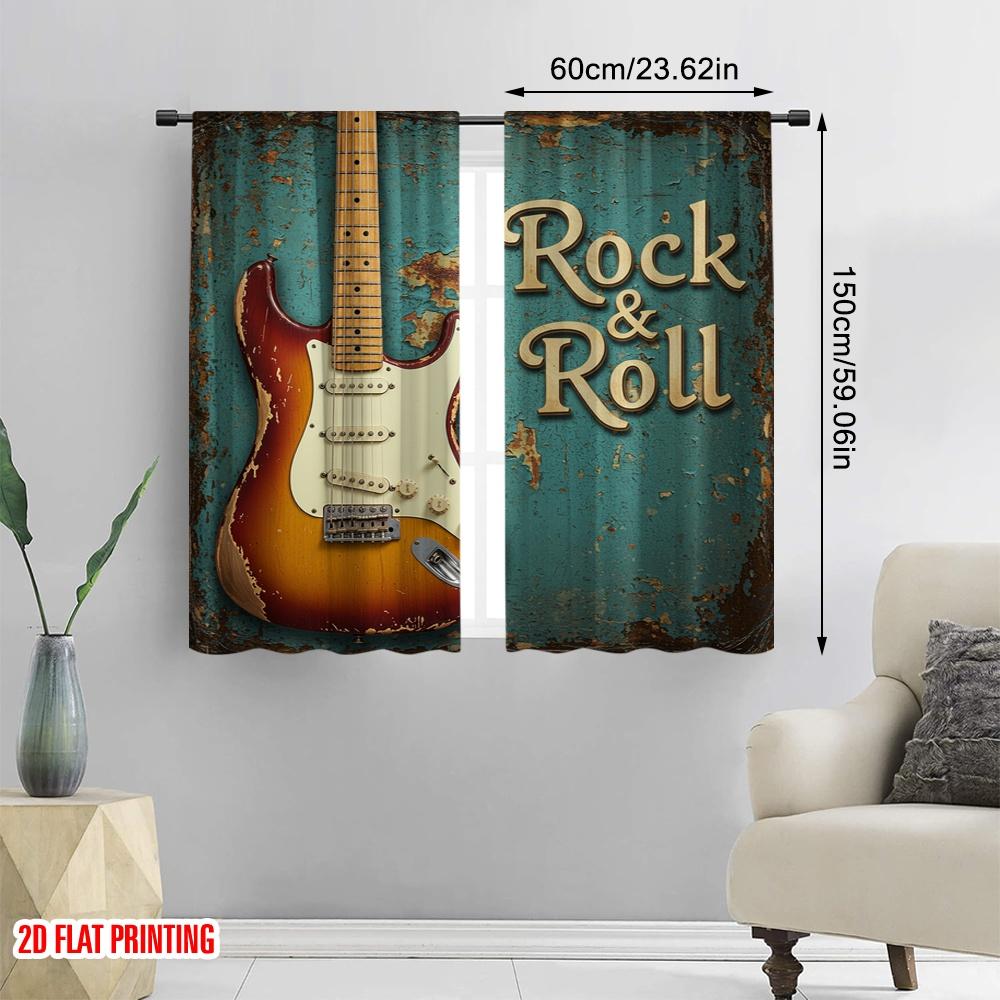 2pcs,2D Plane Printing Pattern Curtains Vintage Guitar Rock Roll Polyester Woven (without Rod) Decorations Inside Ldeal for Home