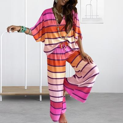 Women's 2 Piece Outfit Set Batwing Sleeve V Neck Top Drawstring Wide Leg Pants Set Loose Casual Lounge Sweatsuit