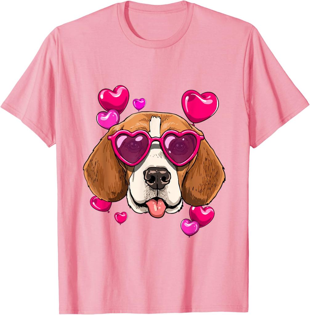 Beagle Heart Sunglasses Valentines Day Dog Lover Graphic Tee Casual Cotton T-Shirt