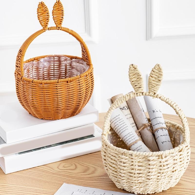 Durable Handmade Basket In Neutral Tone With Fun Rabbits Ear Detail Perfect For Fashion Home Decorations