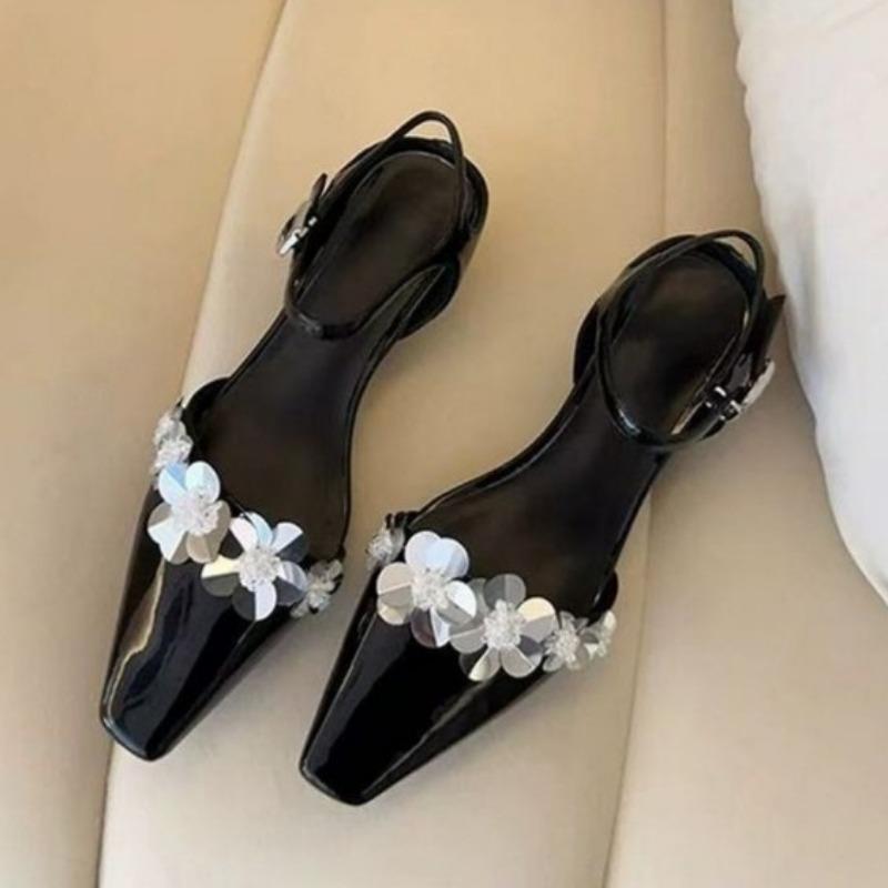 Flower Women Heeled Sandals Summer Square Toe High Heels Shoes Woman Slingback 2025 Trend Pumps Shallow Dress Sandalias Mujer