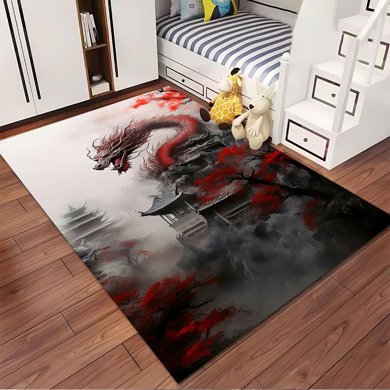 Red Dragon Amid Mystic Temple suitable as a non-slip mat for the living room or bedroom sofa