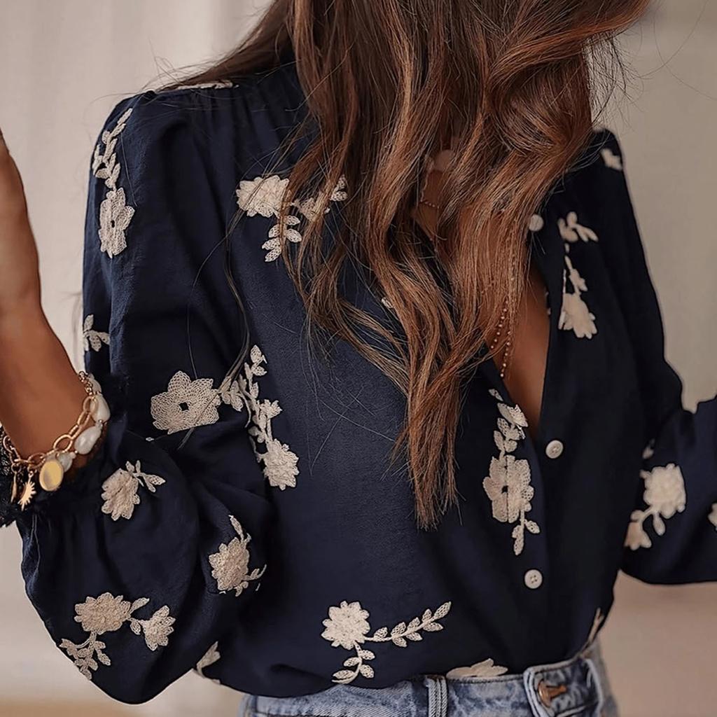 Women's Fashion Cardigan With Puff Sleeves, Ruffled Collar And Embroidered Casual Shirt Top