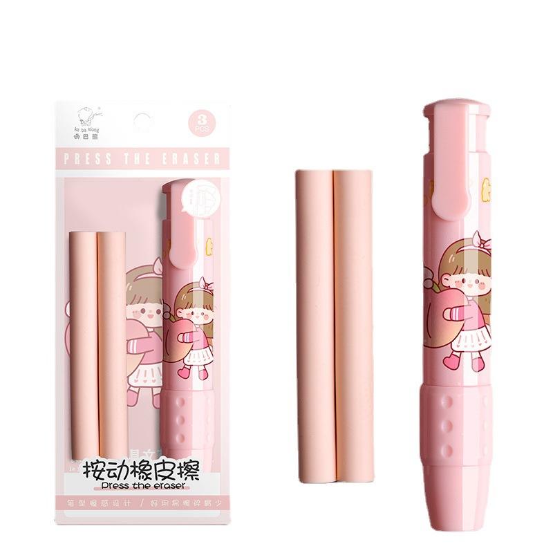 3in1 Press Eraser Pen Set Cute Retractable Rubber Push-pull Mechanical Eraser Art Stationery School Office Correction Supplies