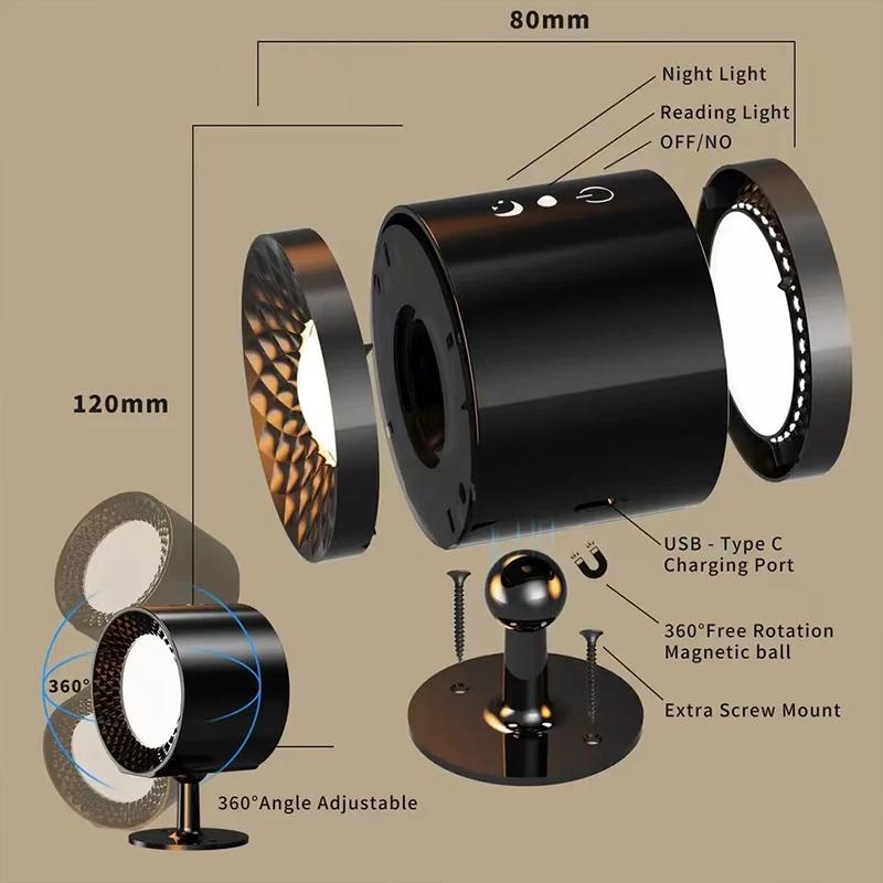 Lampe murale à LED avec télécommande tactile, rotative à 360 °, rechargeable par USB, sans fil, portable, veilleuse pour chambre à coucher, lampe de lecture
