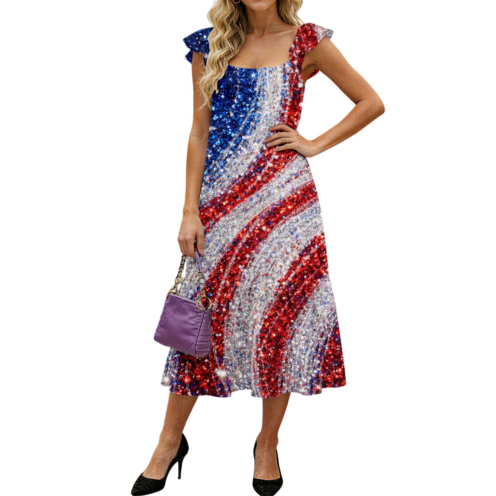 Women s Fashion Loose Mid-length Ruffled Flying Sleeve Independence Day Printed Dress S