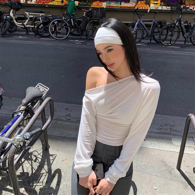 

Solid Inclined Shoulder Batwing Long Sleeve T-shirts Tops 2026 Autumn Women Fashion Sexy Backless Slim Casual Streetwear Tees L білий