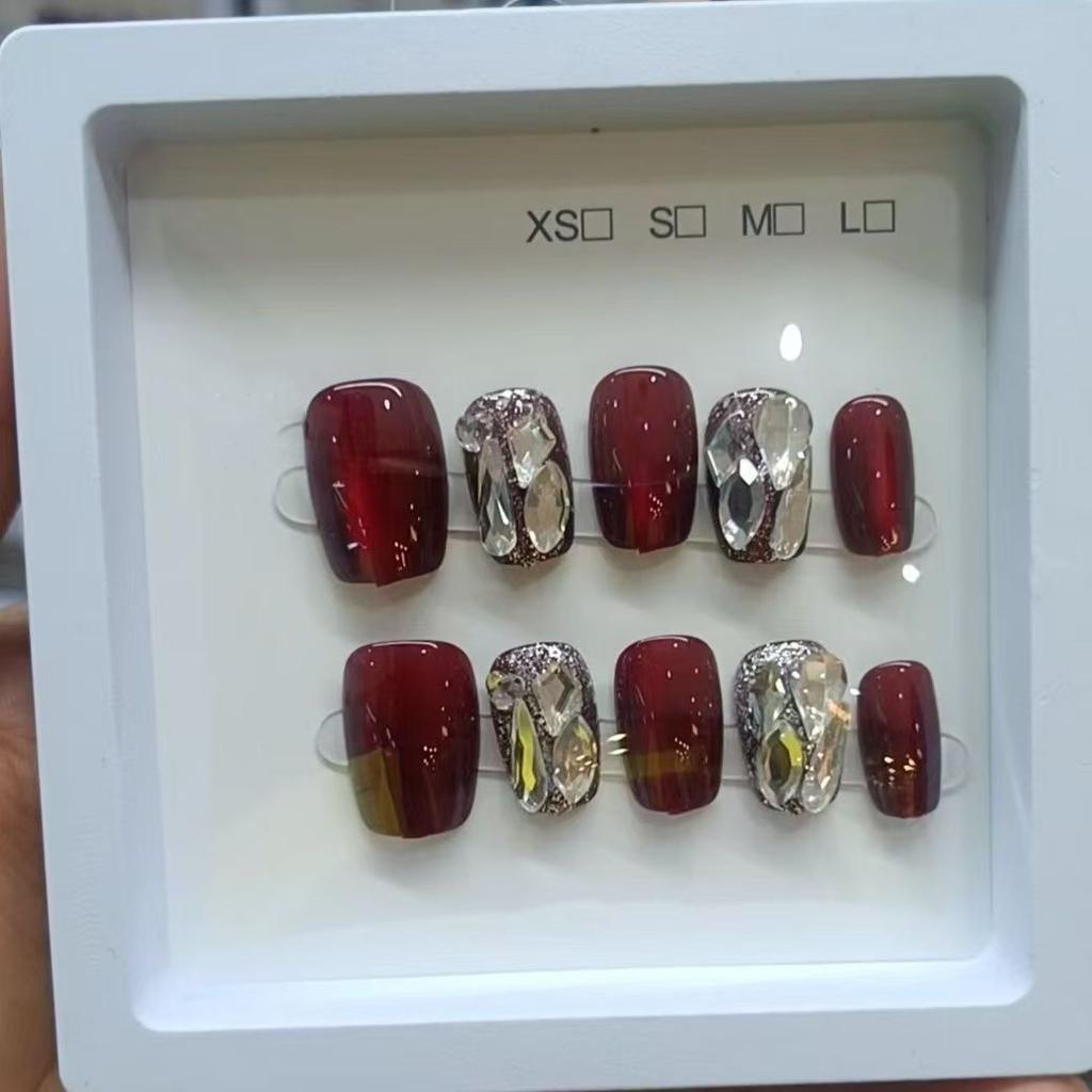 10 Pcs Cherry Red Short Square Press On Nails Cute Glistening Rhinestone Removable Fake Nail Art Tips For Women