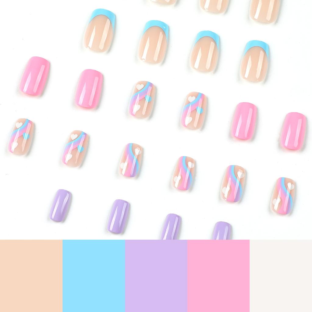 Wearing nail blue French purple nail multicolor wavy white love nail finished nail