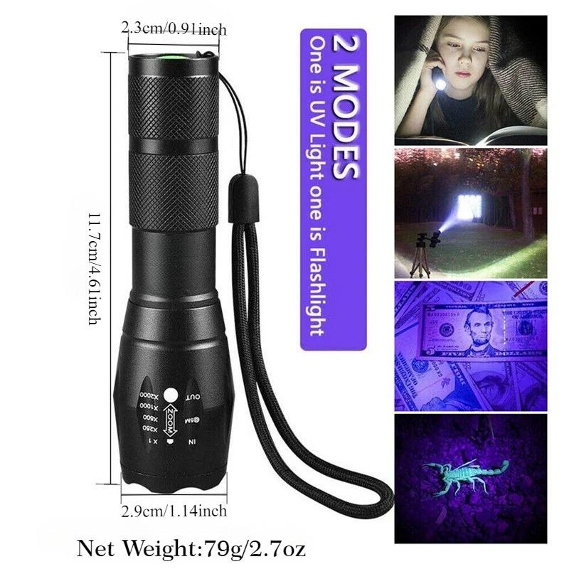 Rechargeable UV Flashlight Dual Light 395nm Ultraviolet WhiteTorch Zoom Torches Detection Lighting Lamp for Pet Stains Hunting