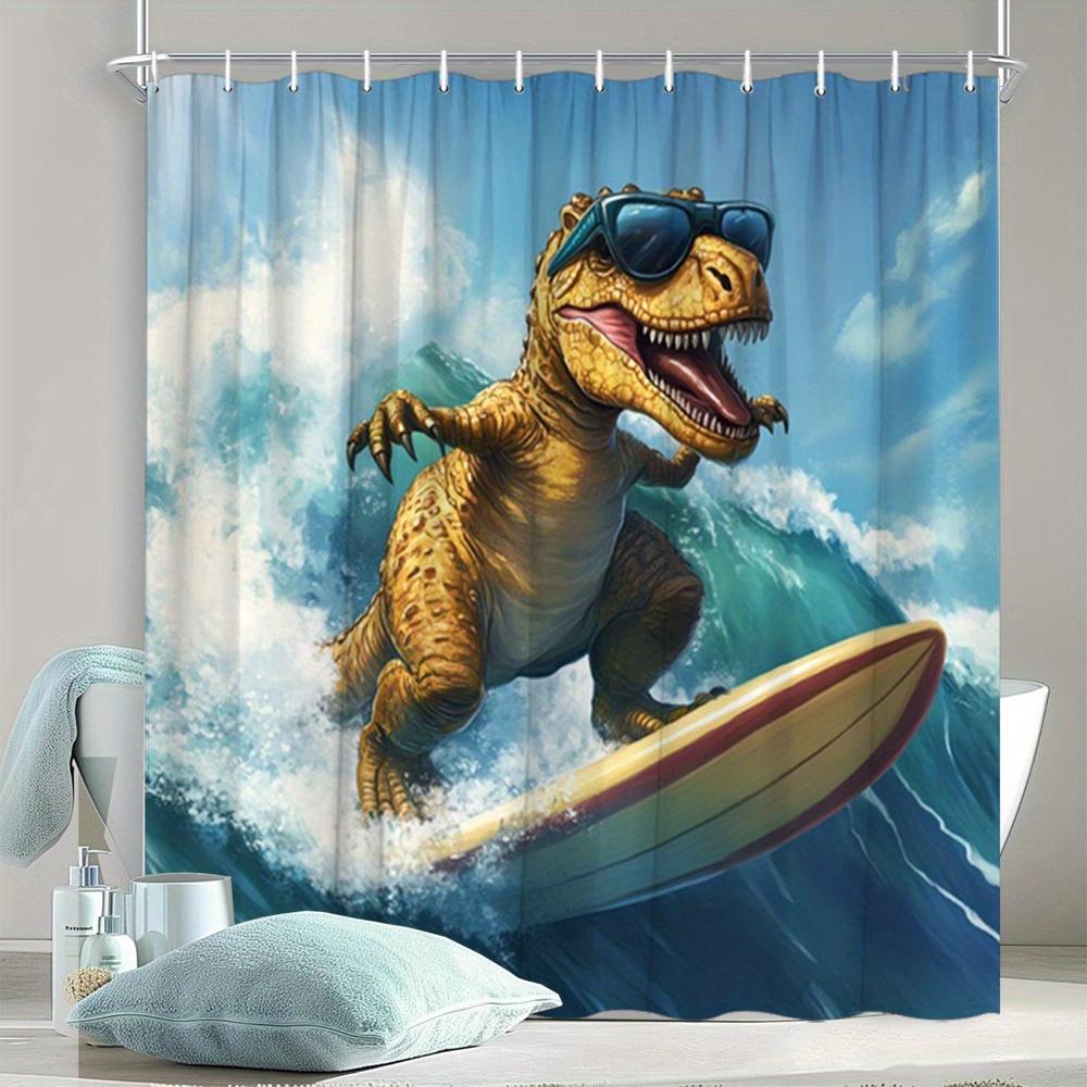 Cool Dinosaur Surfing With Sunglasses Shower Curtain Machine Washable All Season Waterproof Privacy Protection Hooks Included