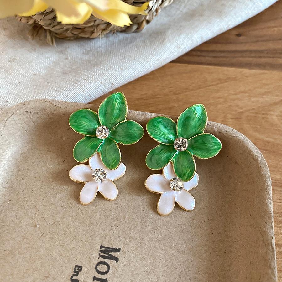 2026 New Arrival Double Color Enamel Flower Rhinestones Hanging Dangle Earrings for Women Statement Beach Holiday Jewelry