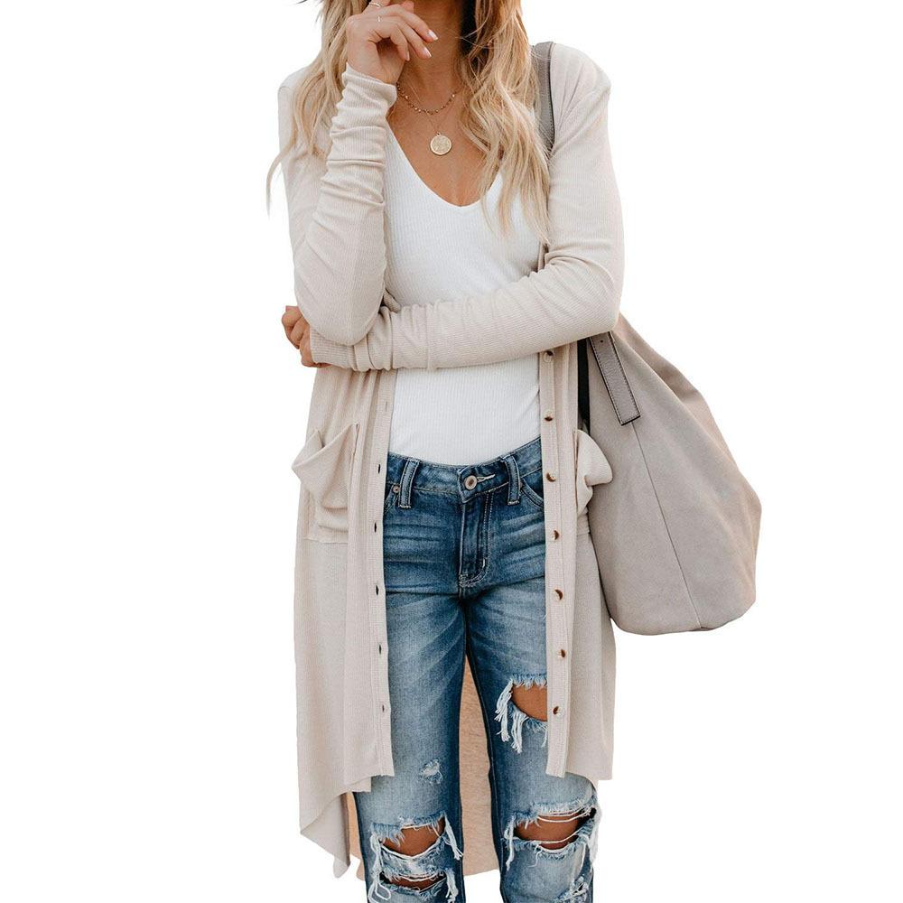 Sonbahar Avrupa ve Amerika Büyük Kadın Moda Orta Boy Düğmeli Düz Renk Hırka Ceket