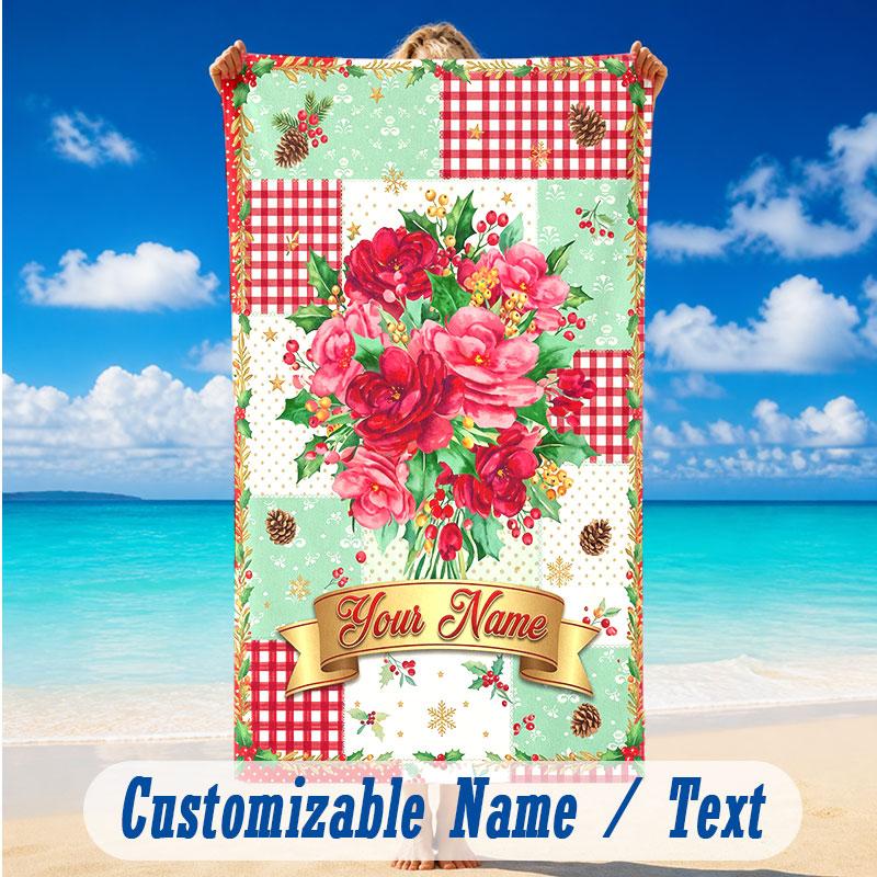 Christmas Theme Beach Towel Personalized Custom Name & Text Soft Quick Dry Beach Towel for Swimming Travel