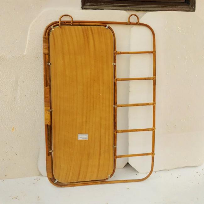 Handmade Rattan Wall Decor Ladder Mirror Frame Beige