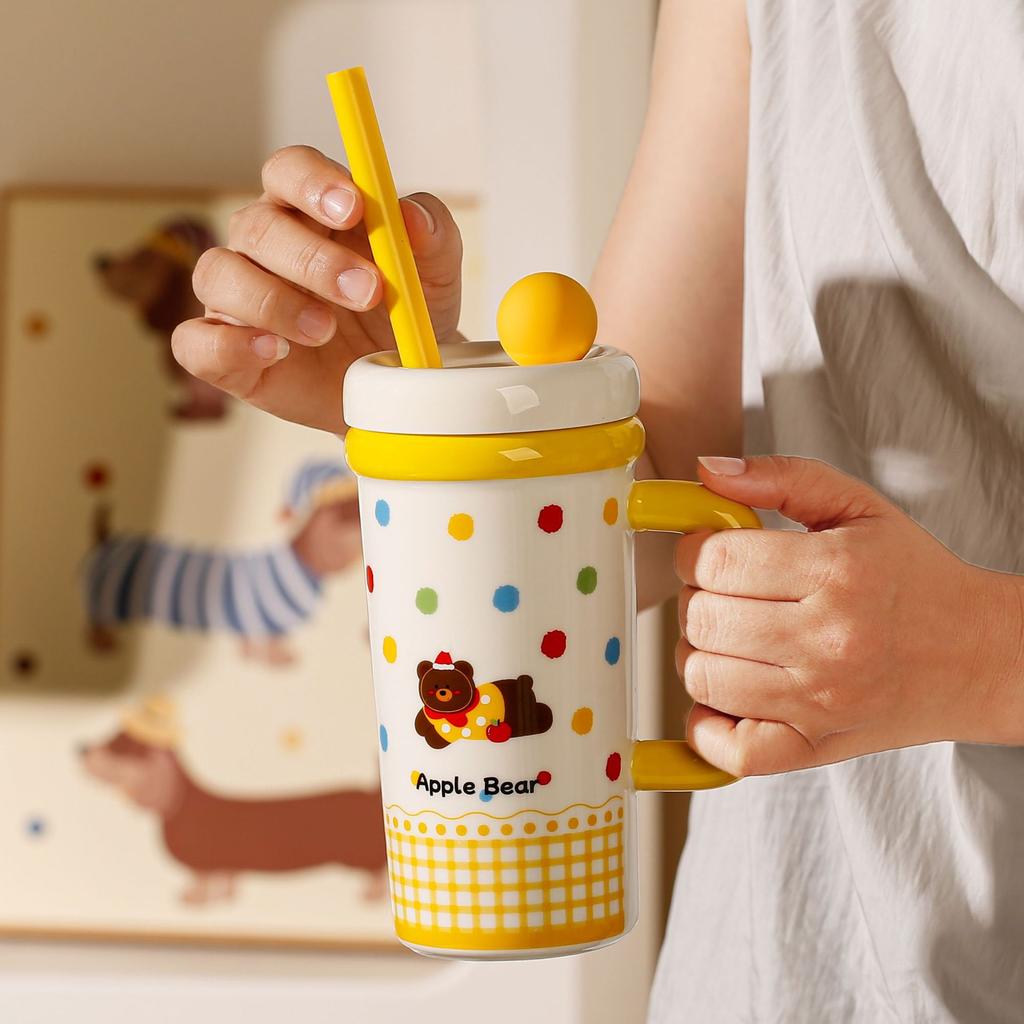 Large Capacity Summer New Straw Cup Ceramic Kettle Cup with Lid Cartoon Mug Water Cup