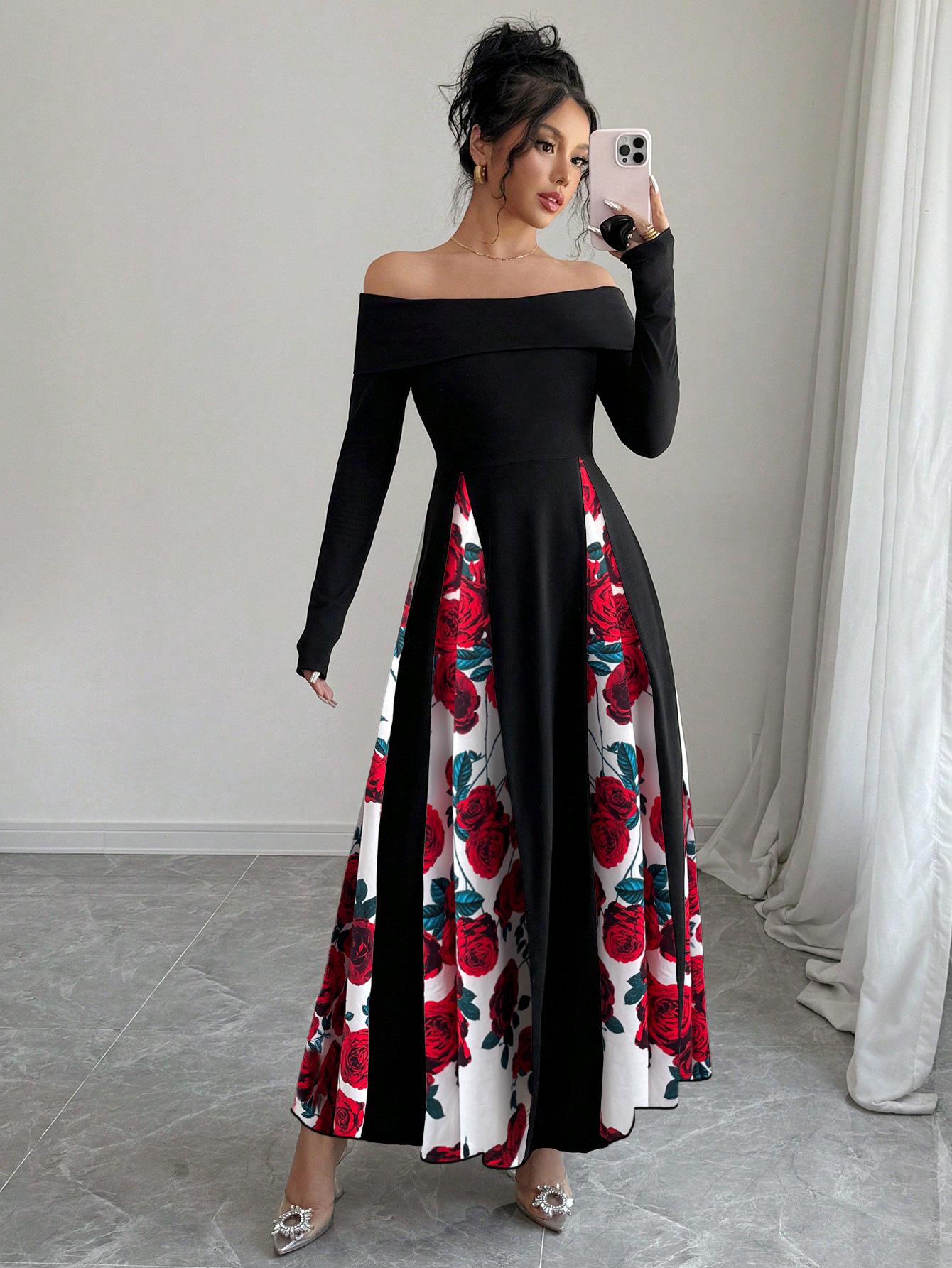 Elegant Color Block One-Shoulder Long Sleeve Bodycon Dress Small чёрный