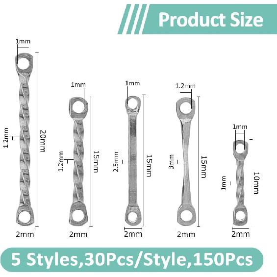 DICOSMETIC 150Pcs 5 Styles Bar Links Connectors Stainless Steel Twisted Bar Link Charms 10/15/20mm 2-Hole Stick Strip Connectors Earrings Connector