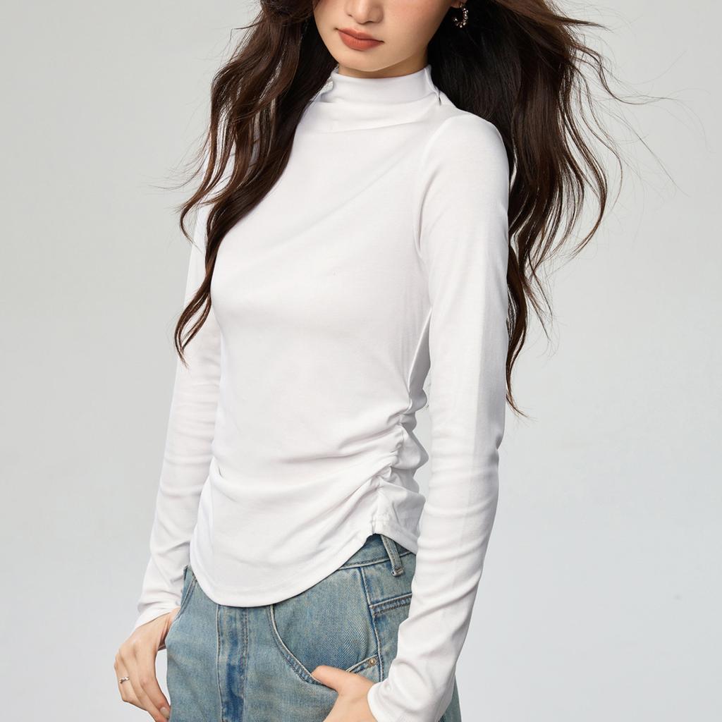 Women Combed Cotton Half Turtleneck Long Sleeve Waist Fitted Pleated Bottoming T Shirt